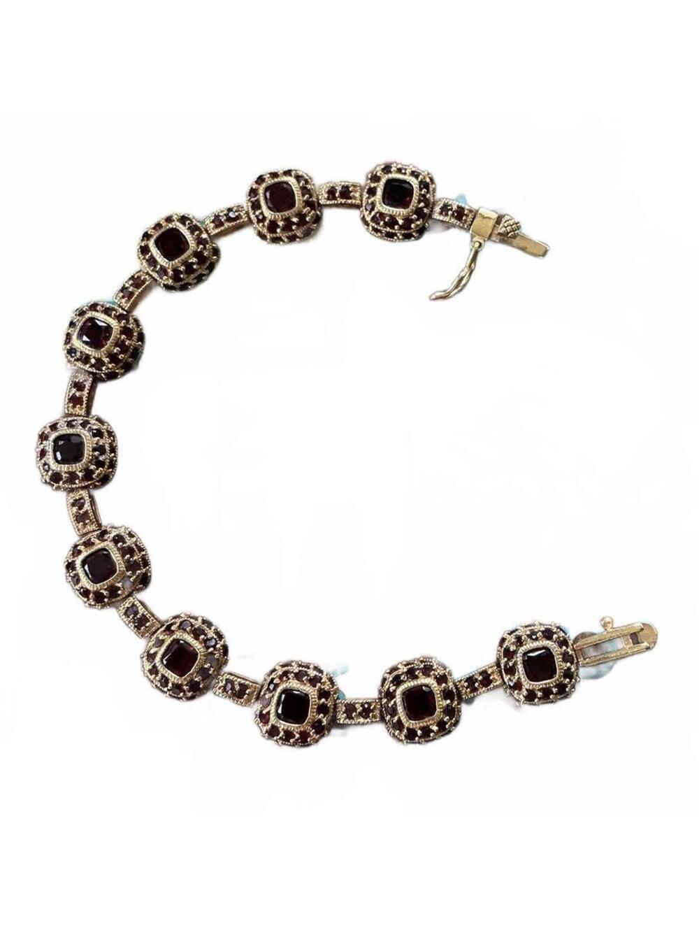 UTC 925 Silver Gold Vermeil Squoval Link Tennis Bracelet w/ Deep Garnet Stones